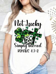 Women's White T-Shirt With Heart, Cross And Shamrock Print, For St. Patrick's Day, Christian Religious Gift, 220g, Casual Daily. - 白色 - 查看 2