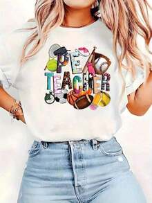 Women's Casual Short Sleeve Crew Neck T-Shirt With Physical Education Teacher Print And Sports Graphics, Perfect For Teachers And Sports Activities, Everyday Wear. - 白色 - 查看 7