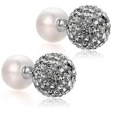 Pendientes de botón de perla y cristal de 10 mm para mujer con clips delanteros y traseros - Diamante negro - Ver 2