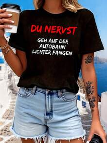 Women's Modern, Casual T-Shirt, Perfect For Parties And Lounging At Home, 100% Cotton, Loose Fit. Funny Text Print Women's Spring - Summer Short - Sleeve Crew Neck Casual T-Shirt, Daily Outing - 黑色 - 查看 2