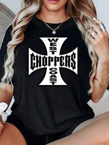 100% Cotton. Large Black Cross With Gothic Lettering Evoking Strength, Freedom, And A Rebellious Spirit, Referencing Biker Culture And The West. Women's 100% Cotton 220g T-Shirt. Women's Simple Solid Color T-Shirt, Loose And Slim Fit Casual Short Sleeve - 黑色 - 查看 8