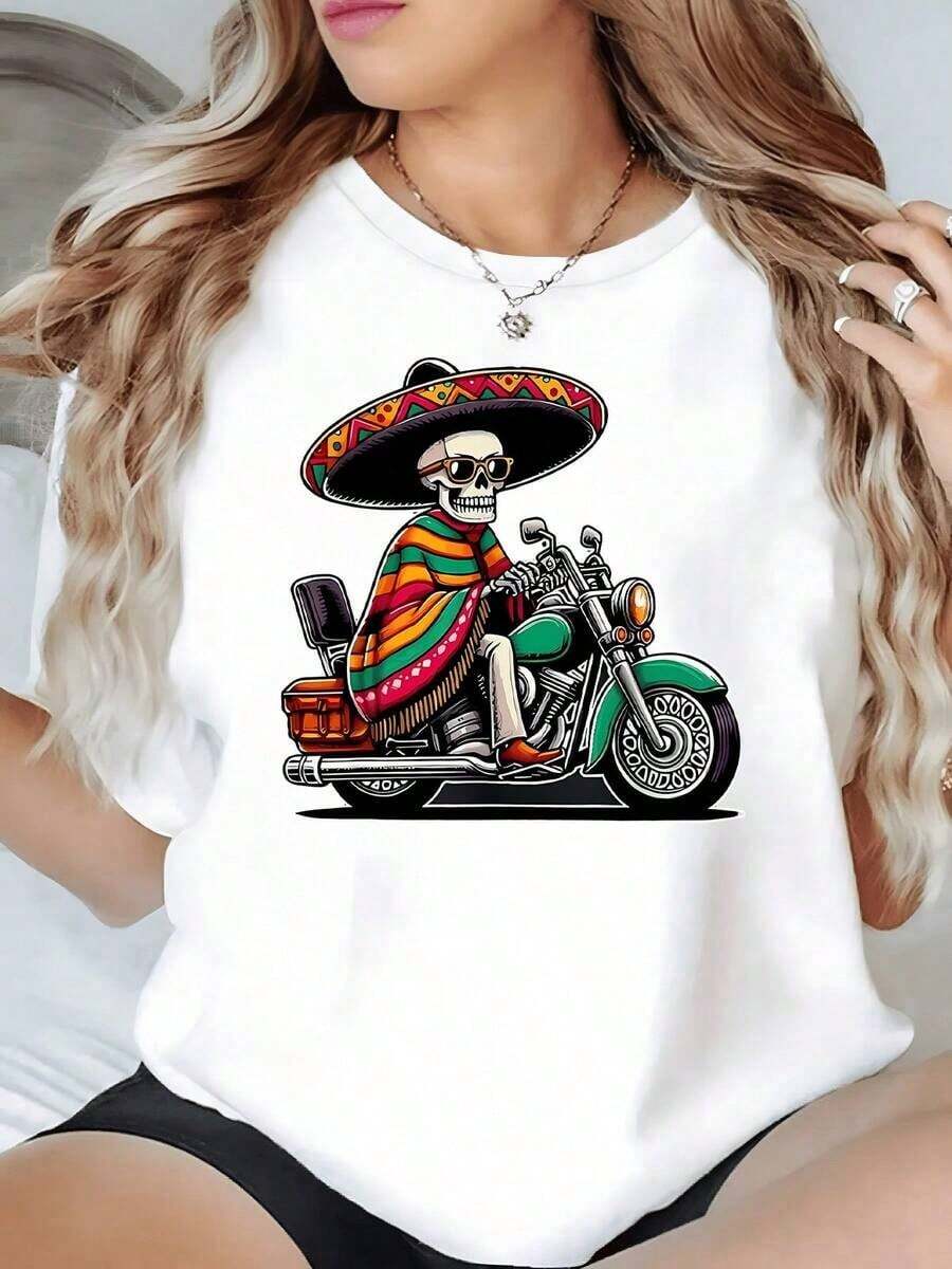 100% Cotton. Skull With Traditional Mexican Hat Riding A Motorcycle While Wearing A Colorful Poncho Symbolizing Adventure And Freedom. Women's T-Shirt, 100% Cotton, 220g. Women's Simple Solid Color T-Shirt, Loose And Slim Fit Casual Short Sleeve - 白色的 - 查看 1