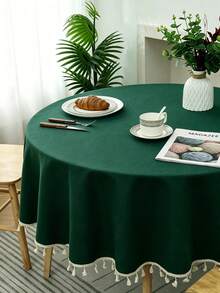 1pc Plain Round Polyester Tassel Tablecloth, Suitable For Wedding, Birthday Party, Outdoor, Study Room - Dark Green - View 4