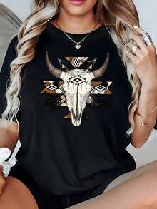 100% Cotton. Bull's Head With Long Horns Surrounded By  Geometric Patterns That Evoke Strength, Nature, And Spirit. Women's 100% Cotton 220g T-Shirt. Women's Simple Solid Color T-Shirt, Loose And Slim Fit Casual Short Sleeve - 黑色 - 查看 11