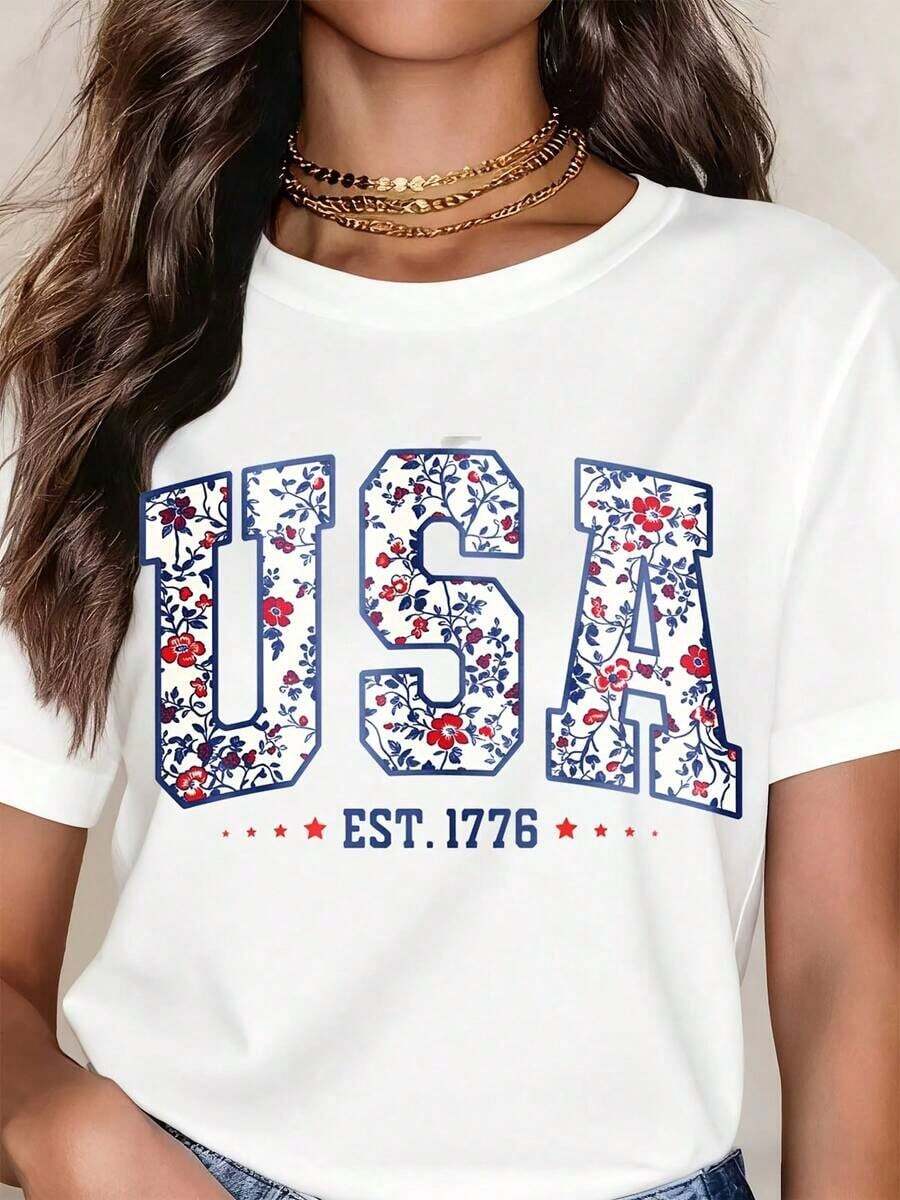 TrendyFashion Women's Graphic T-Shirt, Casual Loose Fit, Round Neck, Short Sleeve, Floral Print With "USA Est 1776" Design, Ideal For Daily Wear And Patriotic Events. - 白色 - 查看 1
