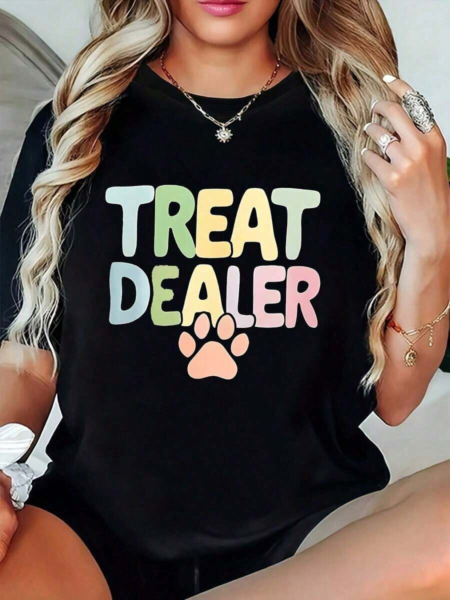 Women's T-Shirt With Dog Paw Print "Treat Dealer" - Casual Short Sleeve Crew Neck Top, Soft, With Pet Dealer Slogan, Suitable For All Seasons, For Dog Lovers, Vet Visits And Casual Wear ('s Blouses > Clothing - 黑色 - 查看 1