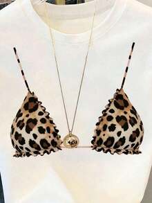 Camiseta Casual para Mujer, Estampado de Leopardo, Diseño de Bikini, Manga Corta, Cuello Redondo, Corte Regular, Alta Elasticidad, Top de Verano Casual Blanco, 100% Algodón, Resistente - Blanco - Ver 3