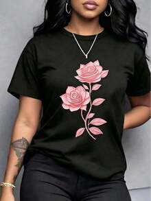 1 Piece Of Oversized T-Shirt With Black Rose Print - 100% Cotton, Short Sleeves, Crew Neck. | Comfortable And Casual Style, Suitable For All Seasons, Machine Washable, Elegant Floral Design, Ideal For Everyday Wear And Special Occasions. 180g 100% Cotton. - 黑色 - 查看 5