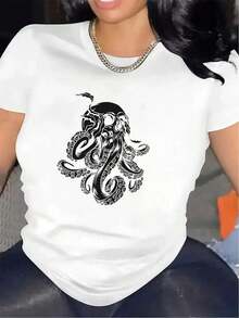 PremiumLoose Octopus Skull Short Sleeve T-Shirt | Lightweight And With A Crew Neck Design, It's Perfect For Lounging At Home Or Wearing Out To Restaurants. Its Comfortable Fit Makes It Ideal For Everyday Wear. A Great Gift Idea. - 白色 - 查看 7