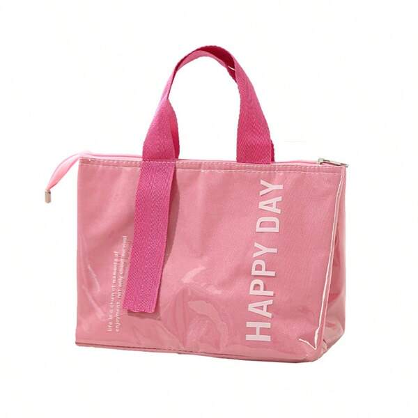 1 túi đựng cơm giữ nhiệt in chữ "HAPPY DAY", túi tote vải Oxford chống thấm nước, hộp đựng thực phẩm cầm tay phù hợp cho văn phòng và trường học