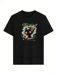 T-Shirt With Funny Black Cat And "DELIGHT" Text, Fashionable Short-Sleeved T-Shirt For Spring And Summer 2026, Made In Mexico, 180 Grams. Cartoon Print, Couple Design, Suitable For Indoor Or Outdoor Wear. Crew Neck, Unisex, Ideal For Office And Leisure. One-Pack. - BK-P631577SLNDXZGY621 - 查看 2