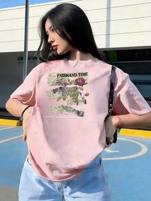 T-Shirt With Rose And Retro Newspaper Design, Fashionable Short-Sleeved T-Shirt For Spring And Summer 2026, Made In Mexico, 180 Grams. Cartoon Print, Couple Design, Suitable For Indoor Or Outdoor Wear. Crew Neck, Unisex, Ideal For Office And Leisure. One-Pack. - PK-P631577SLNDXZGY581 - 查看 3