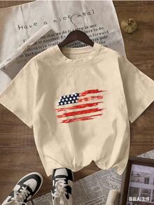 American Flag T-Shirt In Painted Style, Fashionable Short-Sleeve T-Shirt For Spring/Summer 2026, Made In Mexico, 180 Grams. Cartoon Print, Couple Design, Suitable For Indoor Or Outdoor Wear. Crew Neck, Unisex, Ideal For Office And Leisure. One-Pack. - APR-P631577SLNDXZGY613 - 查看 4