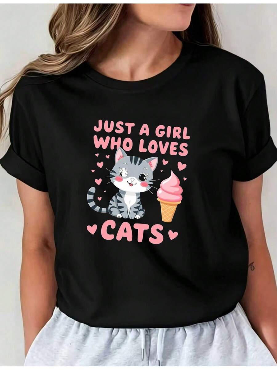 Women's Casual Sports T-Shirt With Colorful Cat And Ice Cream Graphic - Black Elastic Round Neck T-Shirt, Machine Washable, Comfortable Fit And Suitable For All Seasons, For Leisure And Style. - 黑色 - 查看 1