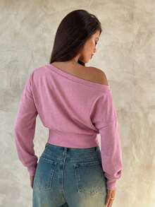 Top de manga larga asimétrico de hombro de punto de color albaricoque para mujer, otoño/invierno - Rosa - Ver 2