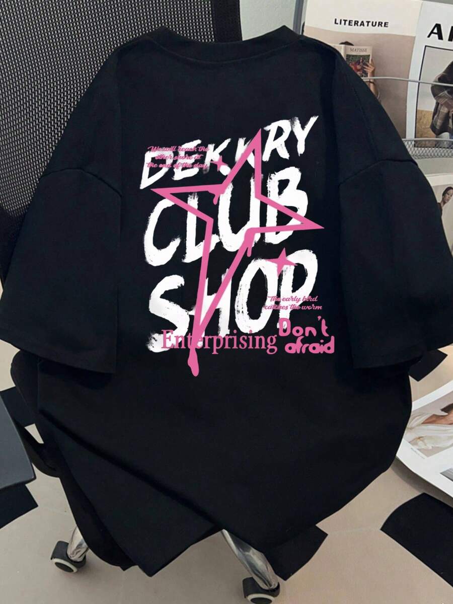 | Exquisite Design | Loose And Comfortable | Easy To Match | Y2K Women's Casual Short Sleeve T-Shirt - American Urban Fashion Brand With Letter Print Design, Made Of Pure Cotton, Loose Fit, Urban Sporty Style, Perfect For Casual Summer Wear. - 黑色 - 查看 1