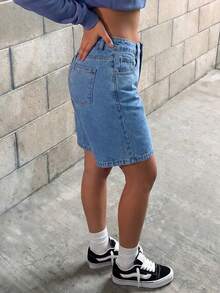 Quần short denim Bermuda nữ màu trơn, túi rộng, dáng suông, phong cách thường ngày cho mùa hè - Rửa trung bình - Xem 5