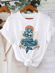 Island-Style Mermaid Wave Print Short-Sleeved T-Shirt - White - View 7