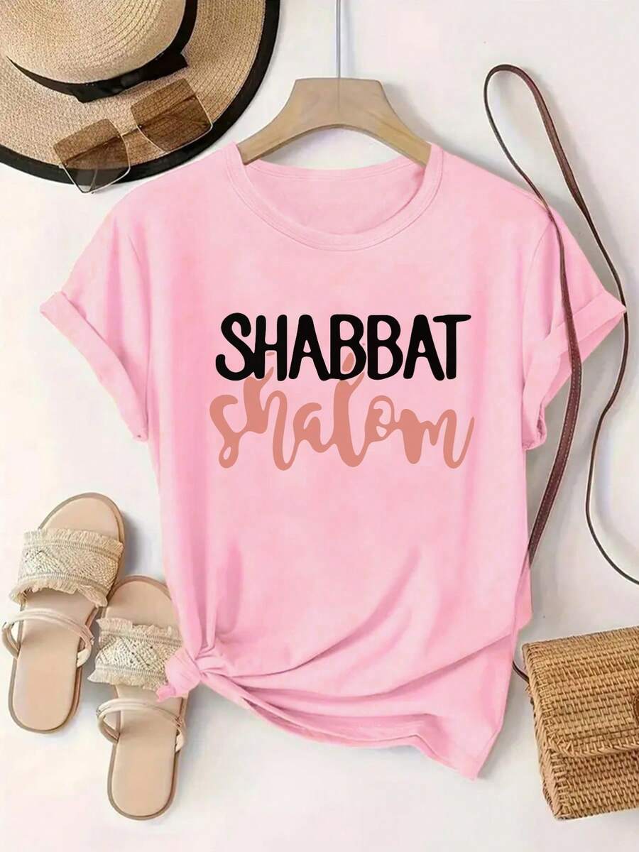 Women's T-Shirt With Peace Print - Design With Letters, Casual Short Sleeve Round Neck Blouse, Clothing With Blessings For Outfits - 粉色 - 查看 1