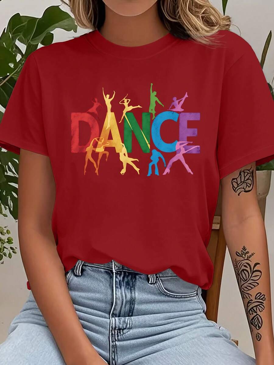Women's Casual Short Sleeve T-Shirt 2026 - "DANCE" Letter Print, Crew Neck, Machine Washable, Casual Spring/Summer Vacation Wear, Easy-To-Wear Top, Fun Print T-Shirt, And Fashionable, Durable Printed T-Shirt NBWH - 紅色 - 查看 1