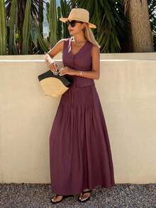 Conjunto de 2 piezas de mujer con falda plisada con cintura anudada y escote en V sin mangas, atuendo de verano para vacaciones - Blanco - Ver 11