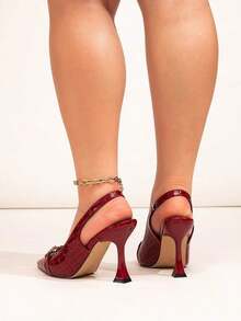 Wide Fit Black Glossy Buckle Decor Backstrap Stiletto Mid Heel Sandals, Fit For Casual, Evening Party, Fashion Dress Up For Plus Size Women - 勃根地 2 - 查看 7
