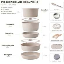RIOVARM Induction Non Stick Frying Pan And Pot Set With Lids, Granite Cookware Set With Detachable Handles, Stackable Kitchen Cookware With Removable Handles, Camping Frying Pan Set - 查看 2