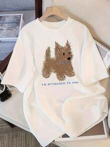 Limited Time Offer, Limited Quantity Available, Lightning, Women's Shirts, Women's T-Shirts. Women's Y2K Style Short Sleeve White T-Shirt, Loose Fit And Round Neck, Ideal For Summer, With A Cute Dog Print And The Phrase "I Love You". - 白色 - 查看 11