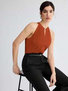 Camiseta de tirantes elegante con cuello de ojo de cerradura de unicolor, versátil para ir al trabajo, uso diario, retro romántico de los 90, adecuada para Navidad, Año Nuevo, San Valentín, fiesta, playa, graduación, moda, carnaval, vacaciones, in - Marrón - Ver 9