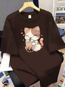 Camiseta gráfica de cuello redondo con estampado de gato bebiendo té de perlas de anime, top casual de verano de talla grande para mujer, estampado de manga corta a la moda.Adecuado para usar en vacaciones, playa, resort, primavera, Día de San Valentín, Carnaval, regalo para el Día de la Madre, regreso a la escuela, ceremonia de graduación - Café integral - Ver 12