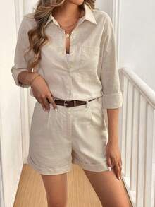 Conjunto informal de camisa y pantalones cortos de algodón con bolsillo y comodidad - Albaricoque - Ver 3
