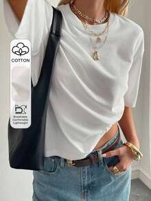 Blusa básica de manga corta, cuello redondo, corte holgado, para mujer, otoño/invierno - Blanco 2 - Ver 8