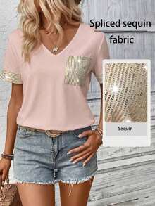LUNE Camiseta de mujer casual de manga corta con cuello en V, parches y lentejuelas - Rosa - Ver 10
