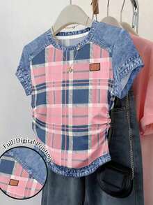 Set de 3 blusas de mujer con estampado de rayas, cuadros y gráficos, de manga corta y con efecto de cintura ceñida - Multicolor 2 - Ver 7