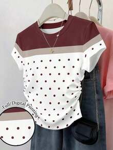 Set de 3 blusas de mujer con estampado de rayas, cuadros y gráficos, de manga corta y con efecto de cintura ceñida - Multicolor 3 - Ver 6