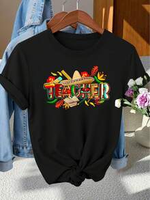 Mexican Cinco De Mayo T-Shirt For Women - Vintage Style Suitable For Photoshoots, Commuting And Vacations, Short Sleeve Round Neck Blouse With Wide Brim Hat And Stationery Print, Machine Washable, For Spring, Summer And Autumn - 黑色 - 查看 1