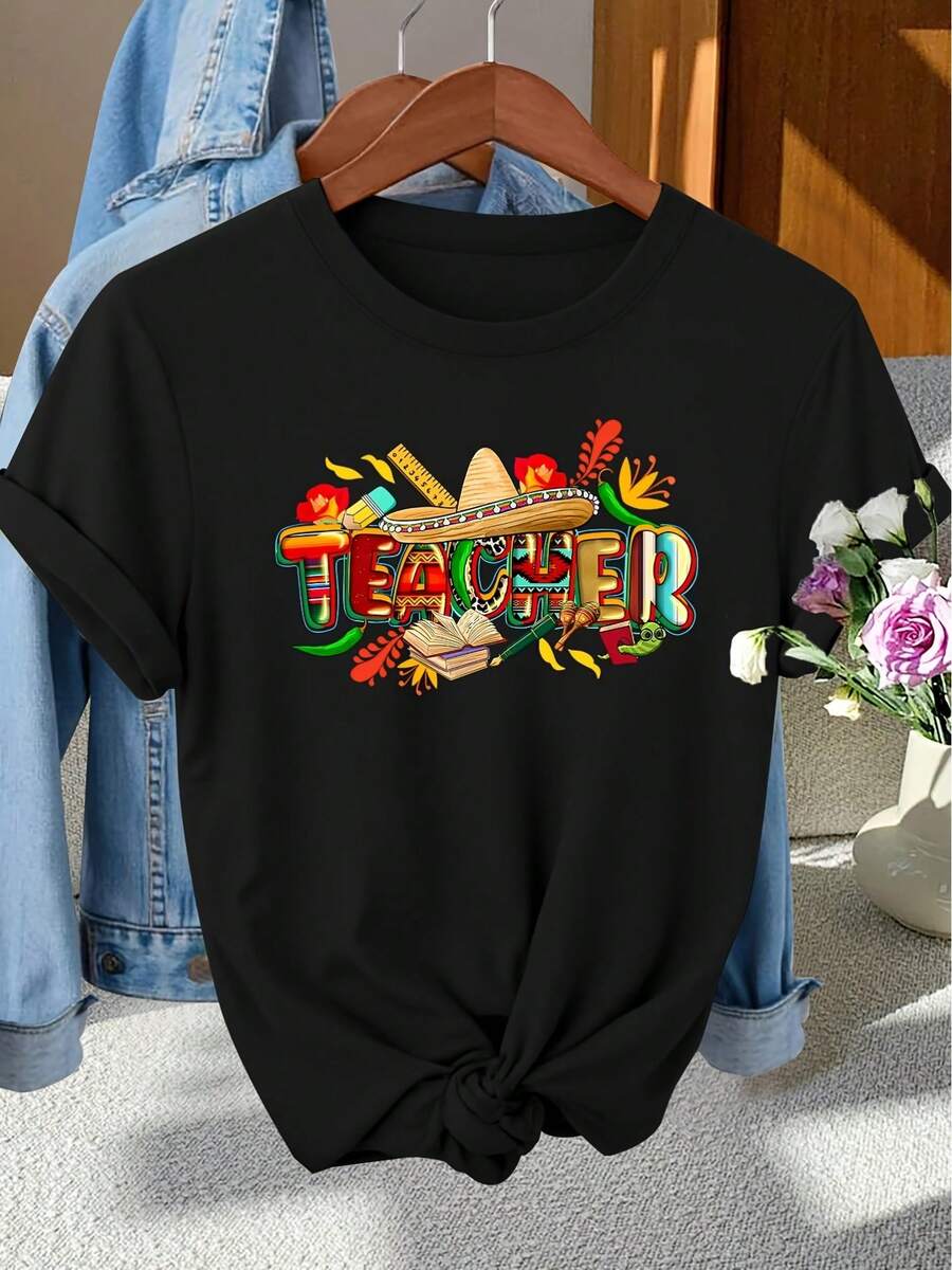 Mexican Cinco De Mayo T-Shirt For Women - Vintage Style Suitable For Photoshoots, Commuting And Vacations, Short Sleeve Round Neck Blouse With Wide Brim Hat And Stationery Print, Machine Washable, For Spring, Summer And Autumn - 黑色 - 查看 1
