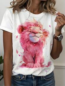 Women's Short Sleeve T-Shirt With Pink Watercolor Lion Print | Women's T-Shirt With Adorable Lion Print, Casual And Youthful Style - DZZ346 - 查看 2