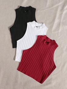 Top de tanque casual sólido de cuello redondo acanalado para el verano - Multicolor 3 - Ver 3
