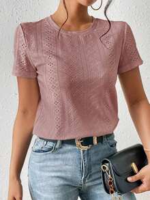 Camiseta blanca de cuello redondo con bordado de ojales, minimalista para ir a la oficina, estilo antiguo y sencillo - Rosa vieja - Ver 7