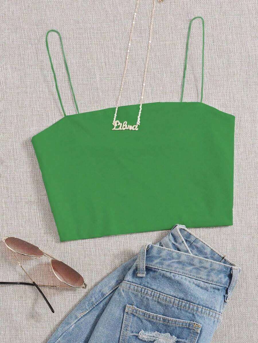 Top corto de tirantes delgado unicolor - Verde 2 - Ver 1