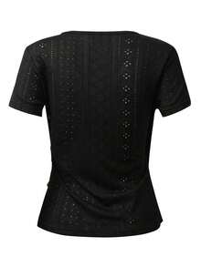 Camiseta casual de mujer de manga corta, cuello en V, fruncida y ajustada de unicolor - Negro 2 - Ver 4