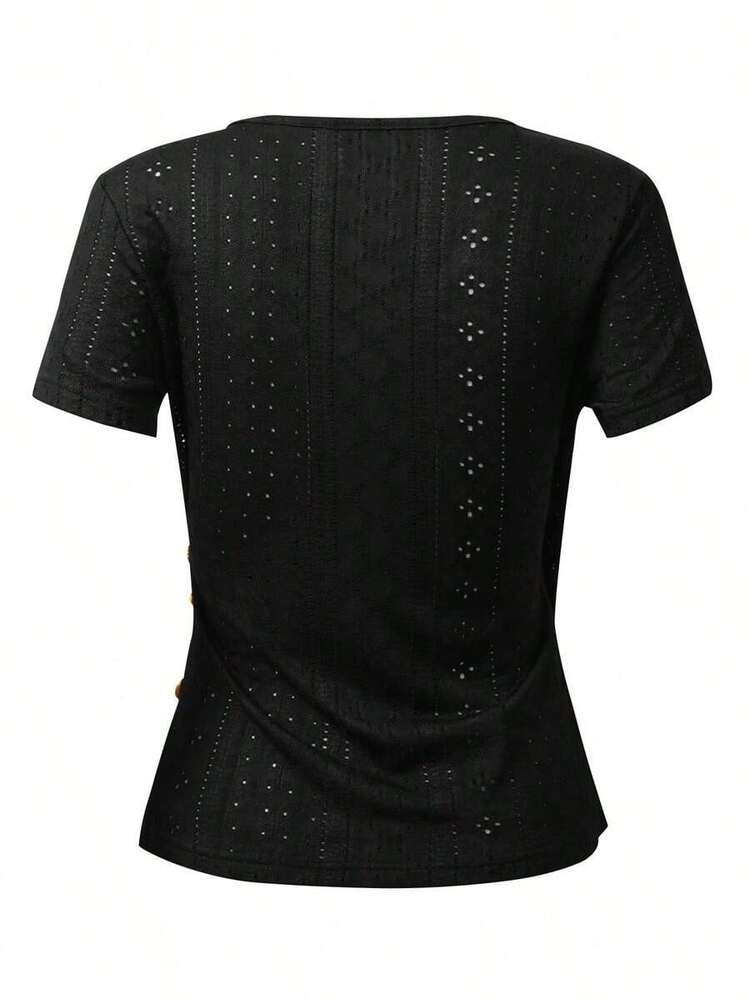Camiseta casual de mujer de manga corta, cuello en V, fruncida y ajustada de unicolor - Negro 2 - Añade 4