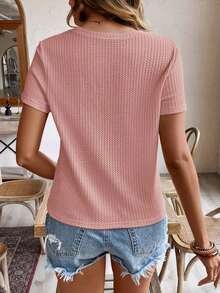 de manga corta para la primavera y el verano con cuello redondo y unicolor en tela texturizada para uso casual - Rosa vieja - Ver 2