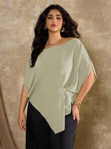Blusa asimétrica de manga corta y hombros casuales franceses para mujer de talla grande - verde menta - Ver 5