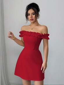 Vestido romántico con hombros descubiertos y volantes en la cintura para mujeres - Rojo - Ver 6