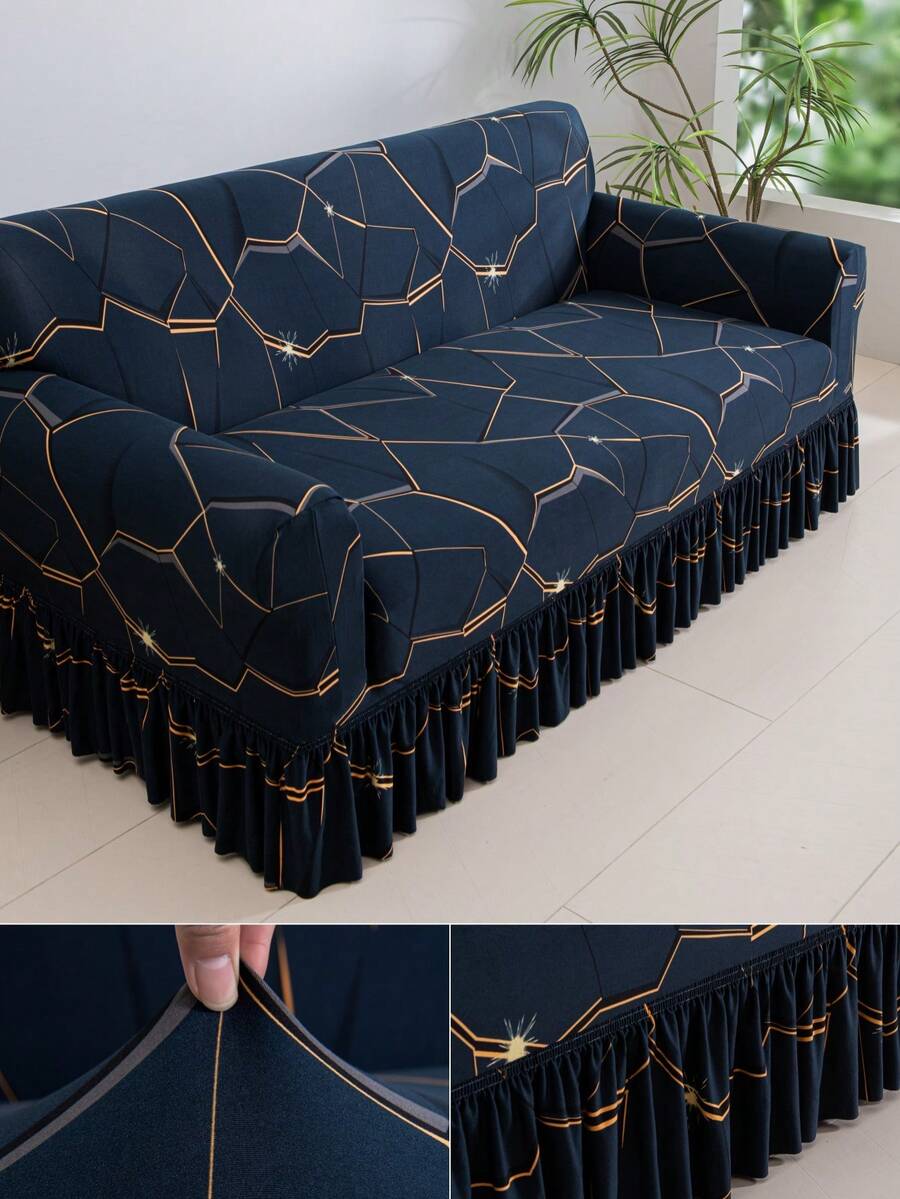 1pc Tropical Southeast Asian Style Ruffle Lace Sofa Cover Geometric Pattern Print Living Room Stretch Spandex Sofa Protector Chaise Lounge L-Shaped Sofa Cushion Full Coverage 1/2/3/4 Seater - Multicolor - View 1