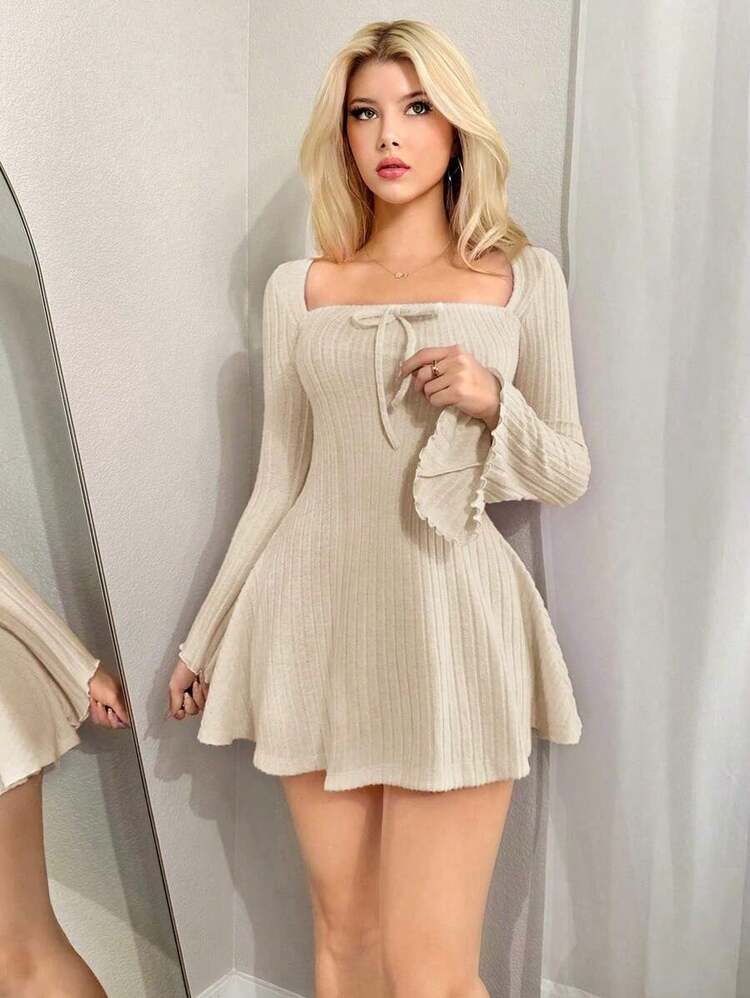Vestido de manga larga para salir de cuello cuadrado de unicolor con mangas acampanadas y mini para mujeres Y2K otoñal, primavera y otoño - Albaricoque - Añade 5