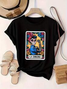 Women's Casual Short Sleeve T-Shirt - Vibrant Day Of The Dead Print In Maroon, Soft Crew Neck With Floral Skeleton Design, Machine Washable, Comfortable For All Seasons, Comfortable Clothing, Casual Fashion, Durable Print T-Shirt - 黑色 - 查看 8