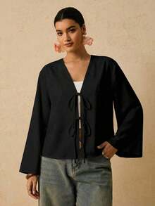 Camisa casual versátil de uso diario con estampado floral y nudo delantero para mujer de talla grande - Multicolor 2 - Ver 4